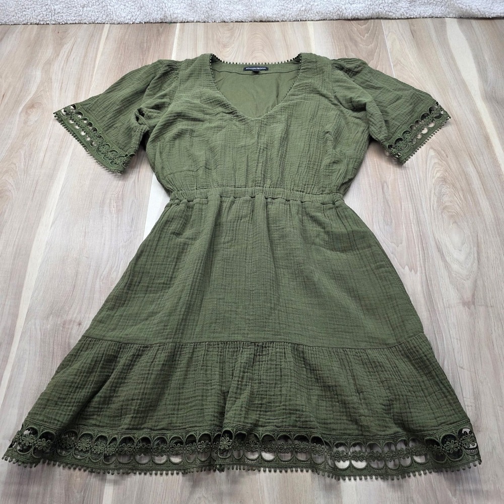 Boston Proper Dress Olive Green Cotton Gauze Crochet Lace Mini V-Neck Medium